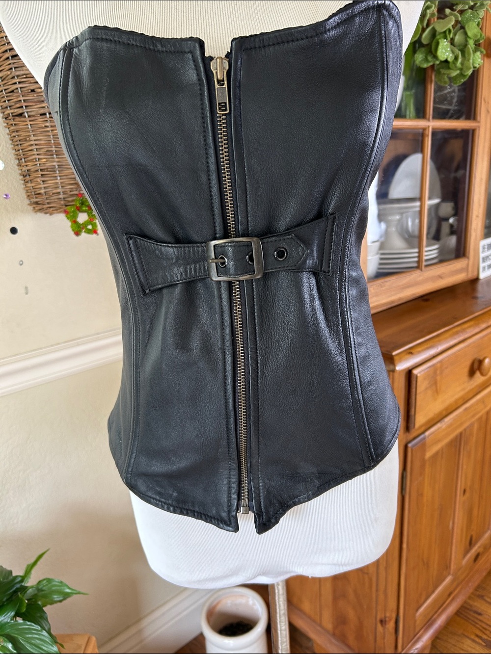 Strapless Black Leather Corset Jacket with Front Zip